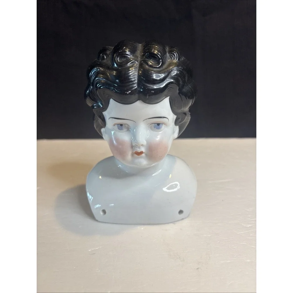 Antique German China Head Doll Head Black Curly Hair Blue Eyes Low Brow